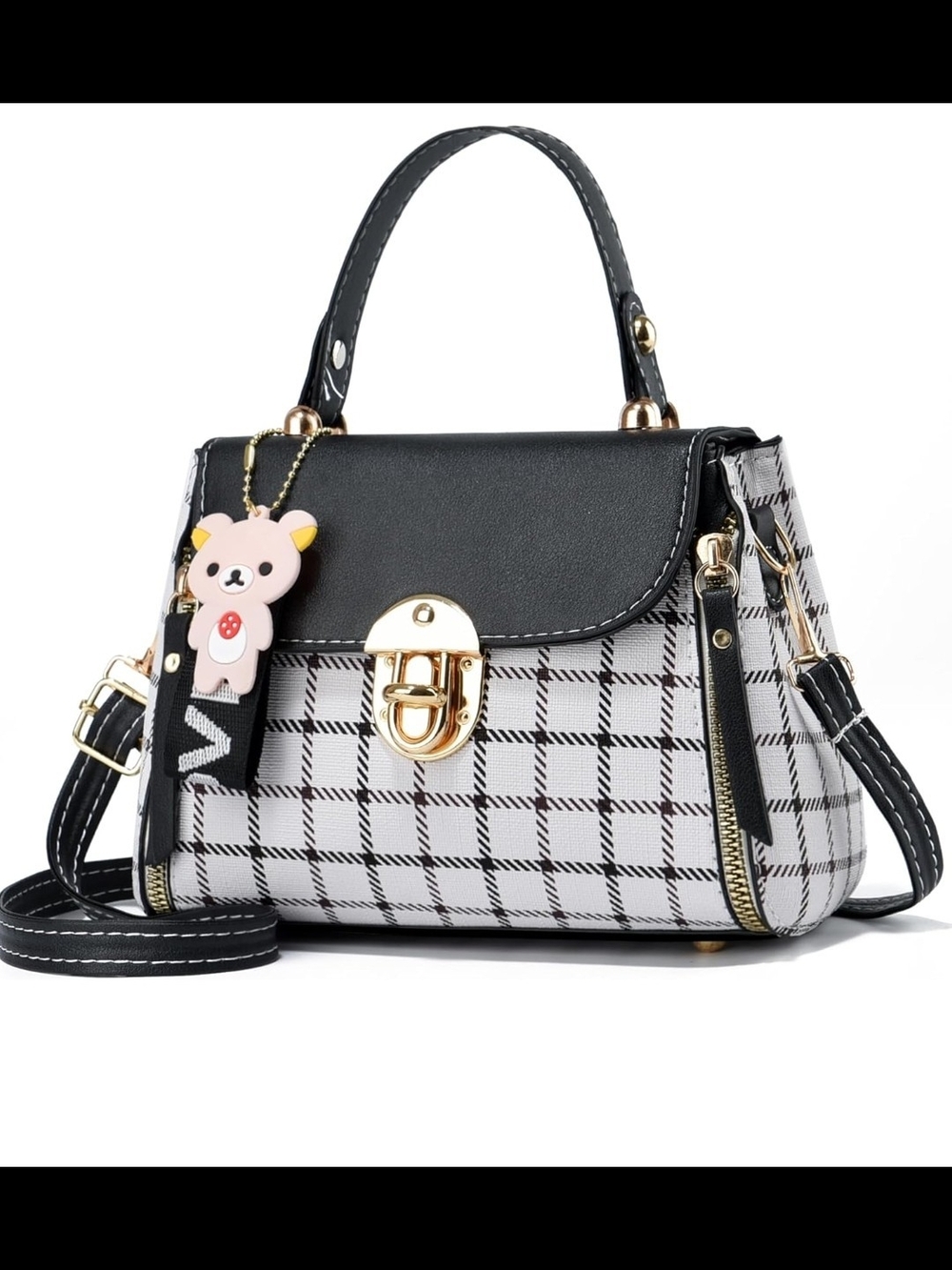 Plaid Black and White Top-Handle Satchel with Charm